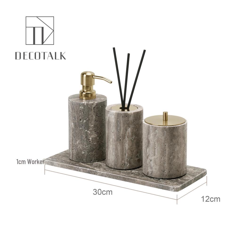 Wabi-Sabi Silver-Grey Travertine Bathroom Set: Washbasin Tray & Décor.