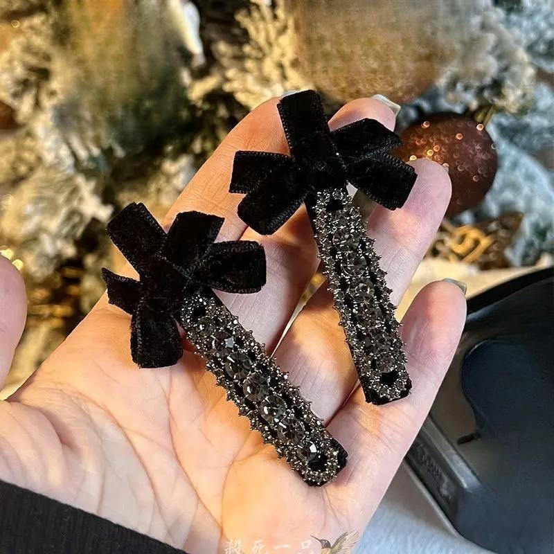 2Pcs Sweet Bow Rhinestone Hair Clips Girls Kawaii Cute Headwear Velvet Bowknot Duckbill Clips Kids Sided Clips Bangs Hairpin
