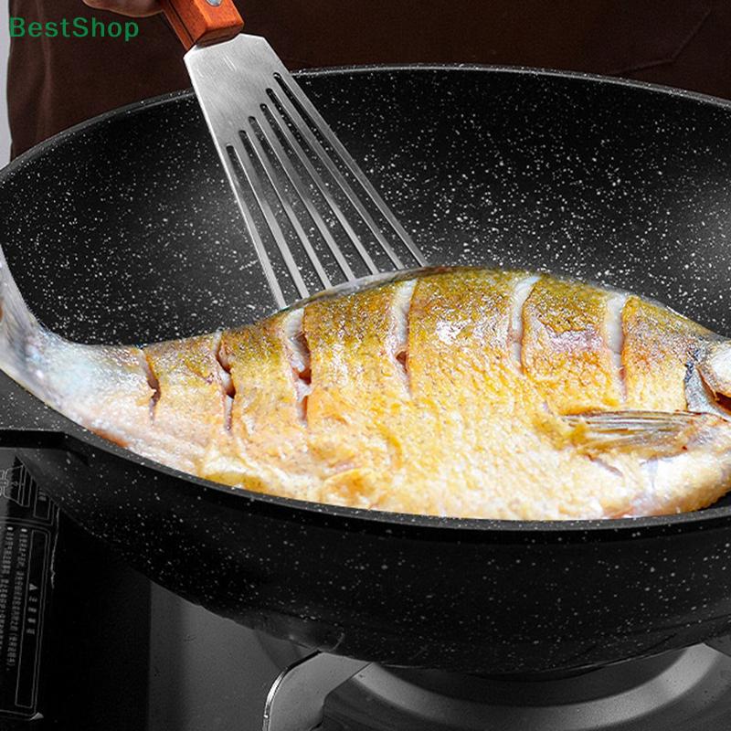 Stainless Steel Wooden Handle Fan-shaped Hollowed-out Flipping Fish Spatula BBQ Cooking Spatula