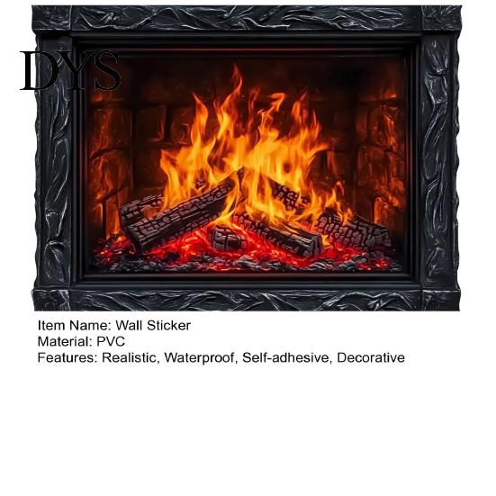 Retro Style Wall Mural Fireplace Flame Decal, Vintage European Background Sticker, Self-Adhesive Realistic Pattern Waterproof for Living Room