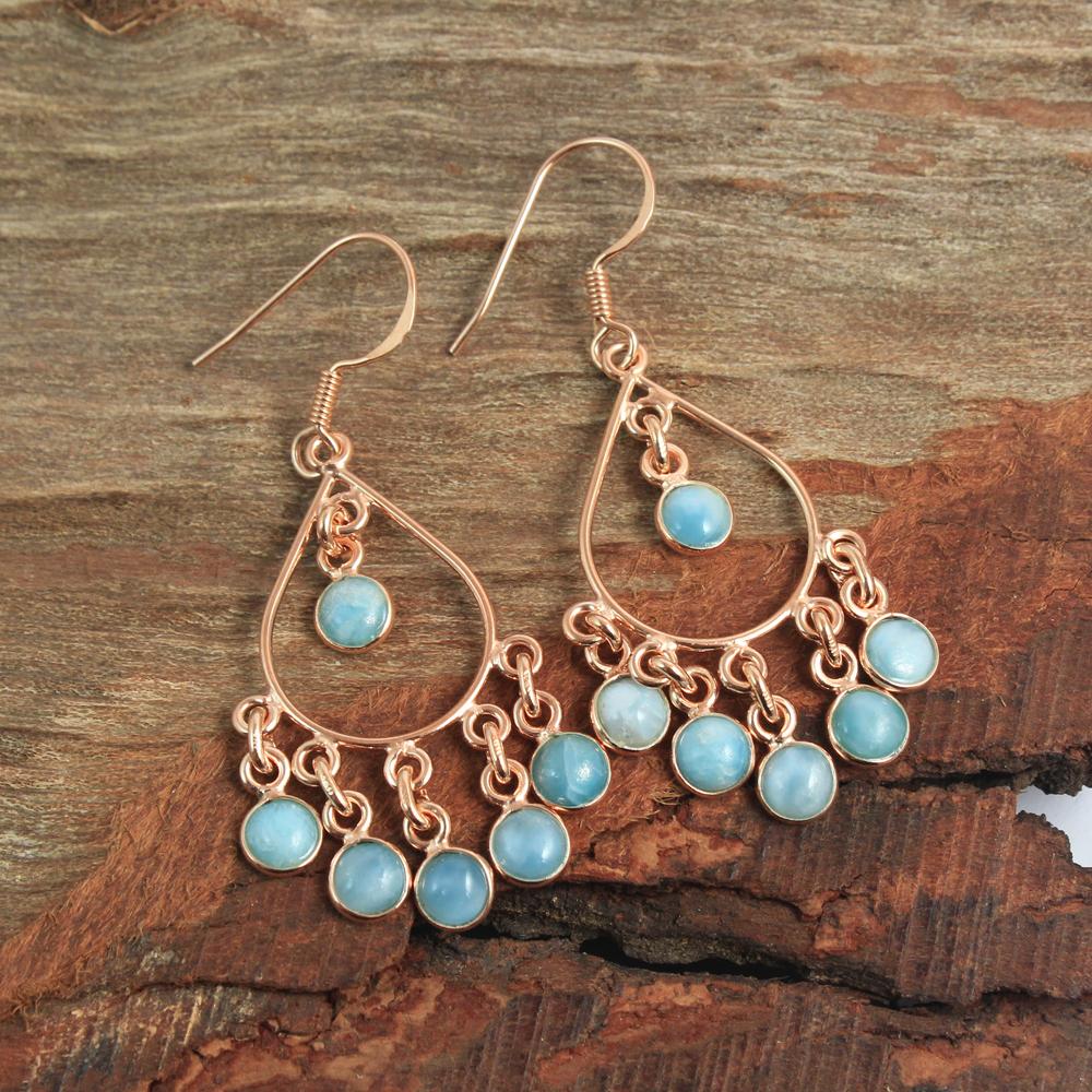 Rose Gold Plated Larimar Dangle Earring 925 Sterling Silver Handmade Women Jewelry