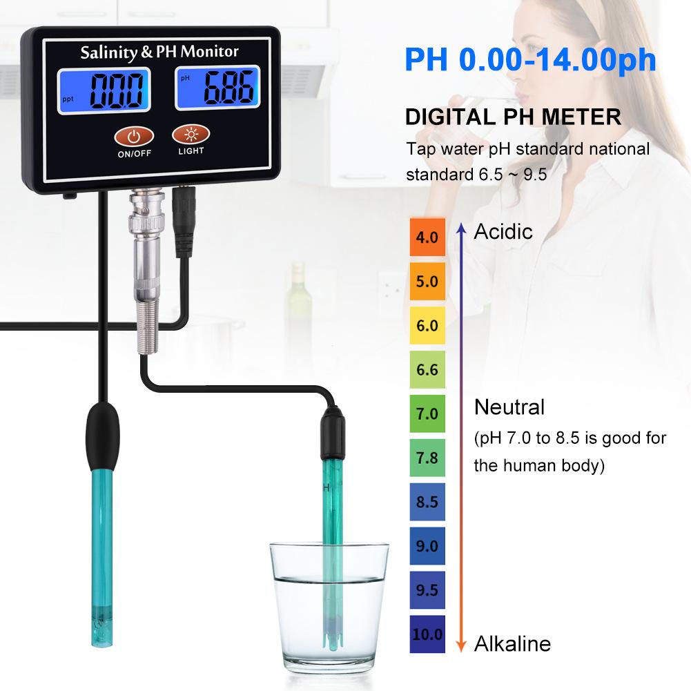 2in 1 Online PH and Salinity Monitor PH Meter Salinity Tester for Aquarium Pool Water Quality Tester