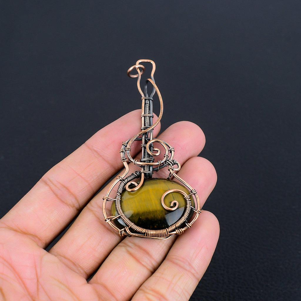 Tiger's Eye 999 Copper Wire Wrapped Pendant, Handmade Gemstone Pendant, Gift For Mom Antique Jewelry