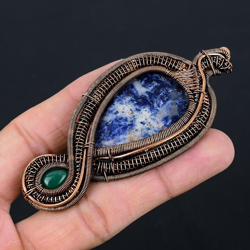 Natural Sodalite,Green Onyx Gemstone Handmade Copper Wire Wrap Pendant 3.74 D6s89
