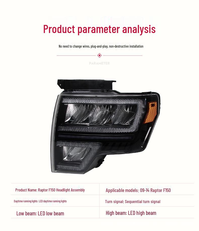 Compatible with 2008-2014 Ford F-150 Raptor: LED Headlight Assembly with DRL & Sequential Turn Signal