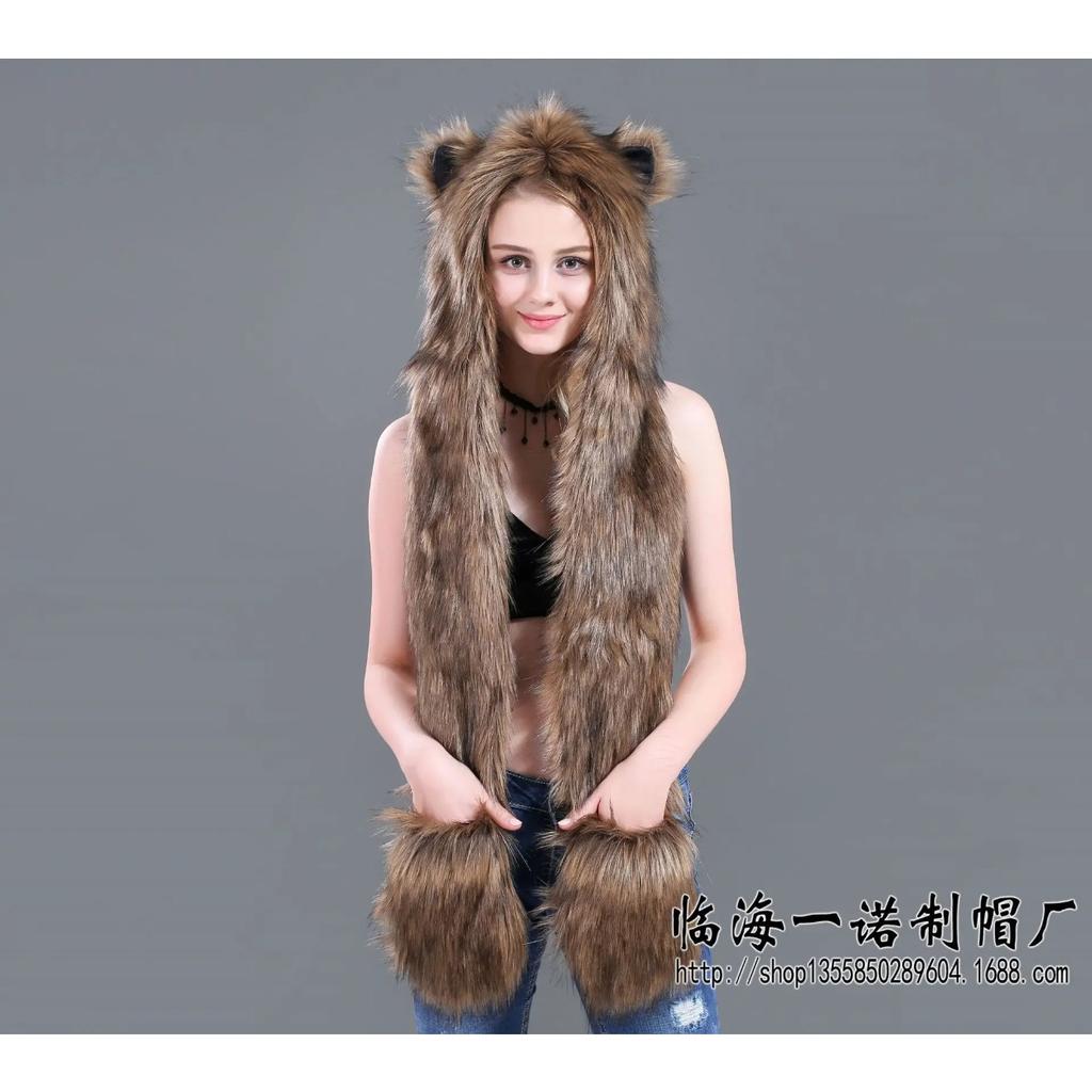 Women Girls Y2K Beanie Fur Animal Hat Scarf Glove Mitten 3-in-1 Function Furry Hoodie with Paws Ears Party Costume