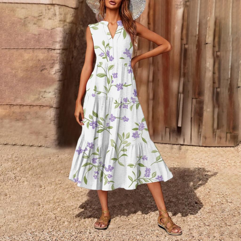 Women's Casual And Fashionable V-neck Sleeveless Printing Mid Length Dress