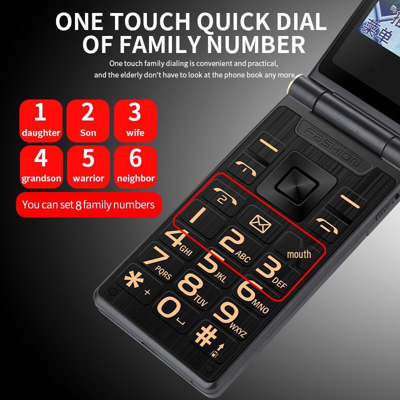 Multi-language Flip Cover Dual Screen Senior Phone (2G/4G) - English, French, Russian, Arabic, Vietnamese, Thai.