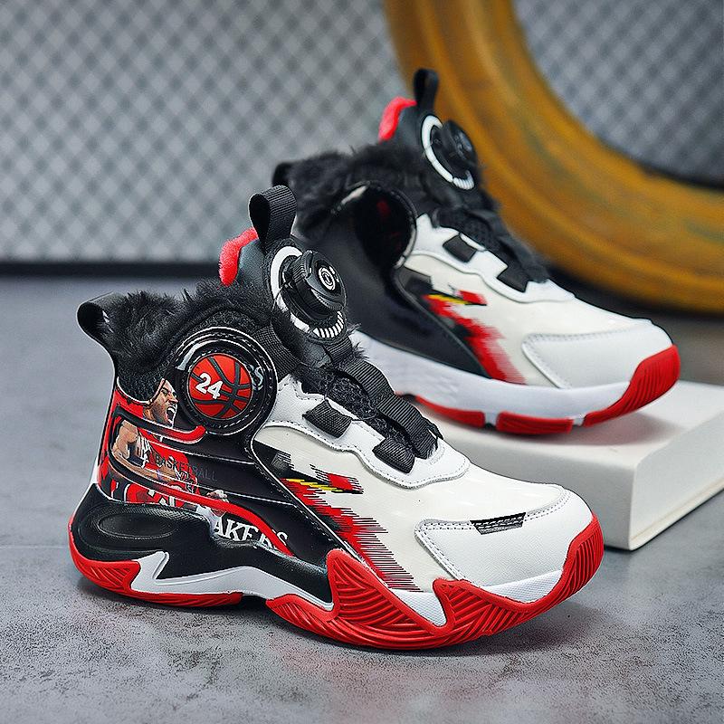 

2025 Winter Men s Non-Slip Lightweight Fleece-Lined Leather Basketball Shoes for Kids with Rotating Button 37