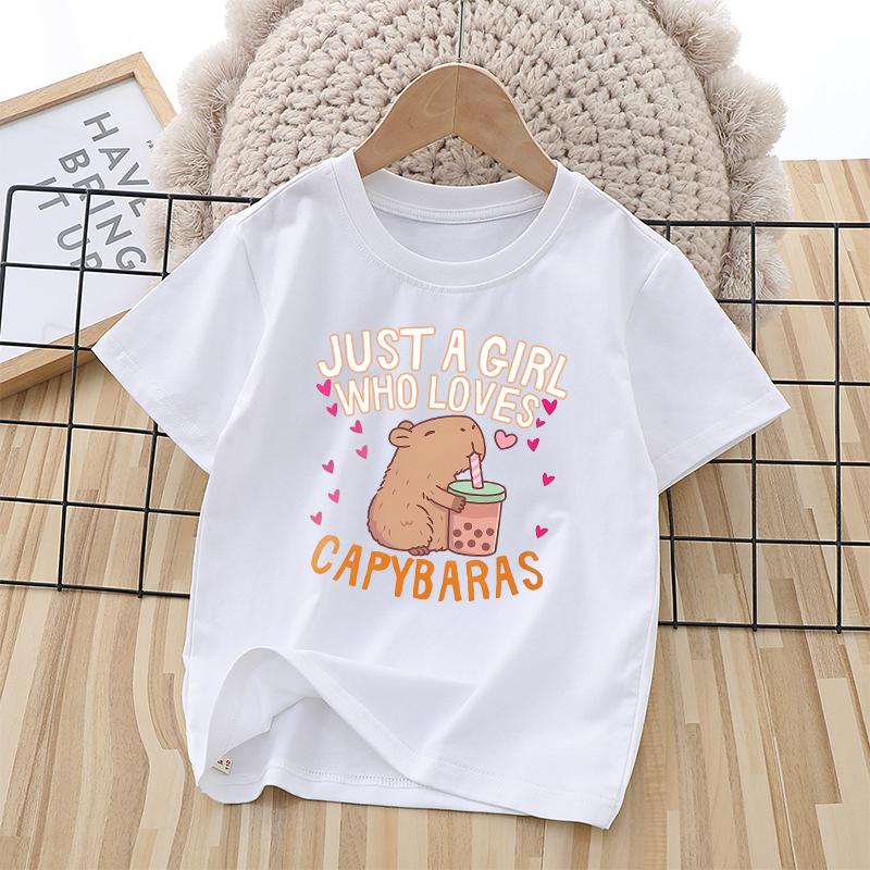 Capybara Child Short Sleeve Tshirt Girls Cartoon Capybara Letters AZ Cotton Tops Kawaii Summer Casual Tees Kids Birthday Gifts