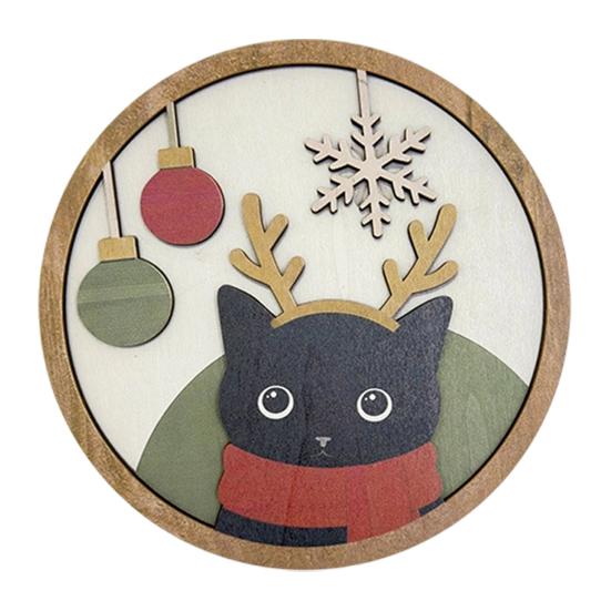 Living Room Decor Christmas Black Cat Wall Decor, Layered Wooden Hanging Sign, Round 2D Art Flat Decoration for Bedroom And Hall Porch Holiday