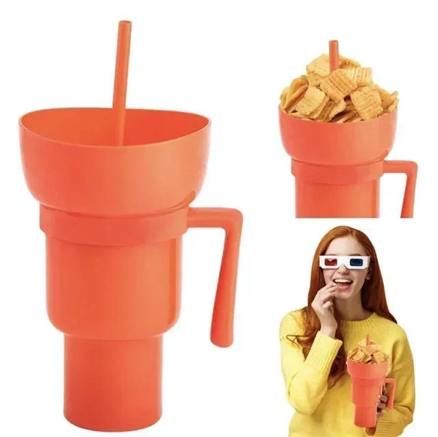 2In1 Snack Bowl Drink Cup with Straw Stadium Tumbler Water Bottle Straw Splash Proof Leakproof Portable Adults Kids Cinema Trip