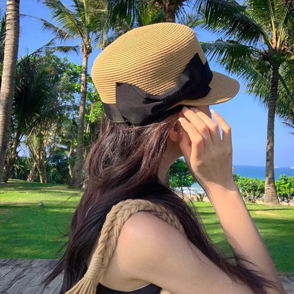 Woven Bow Straw Hat Sunshade Summer Hat Sun Cap UV Protection Cap  Beach