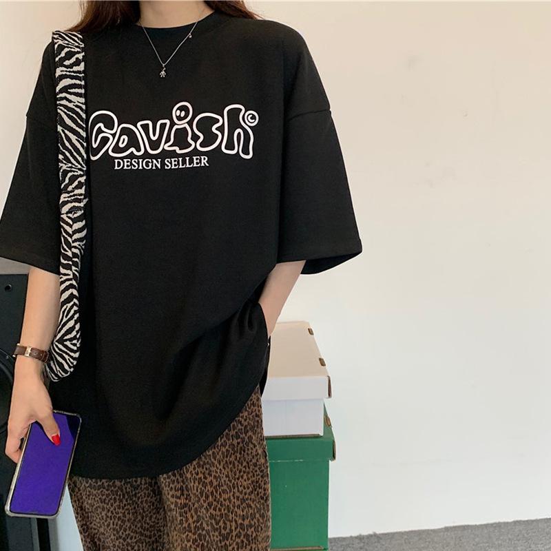 Summer New Loose Round Neck Personalized Letter Printing Thickened Polished Medium and Long Sleeve T-shirt Top Women