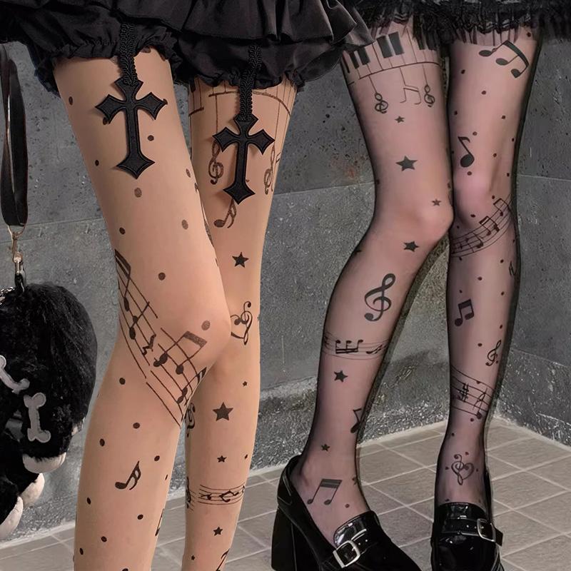 Vintage Y2K Lolita Music Note Piano Print Pantyhose for Women Sexy Stockings Korean Sweet Cool Hosiery Thin High Elastic Socks