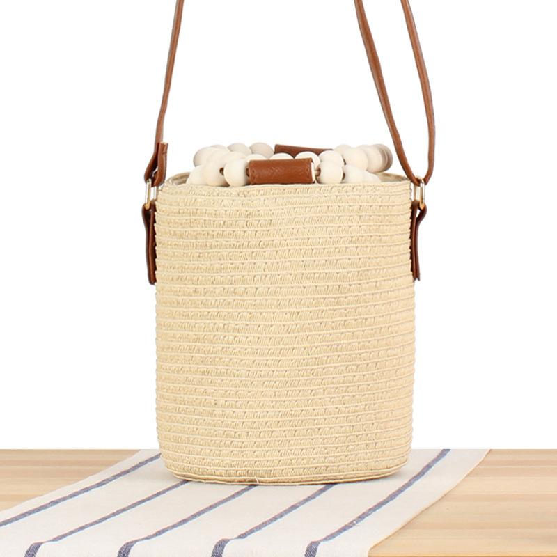 2025 Women Fashion Leisure Handmade Woven Handbags Wooden Beads Handle Bucket Bag Lady Trendy Shoulder Beach Bags