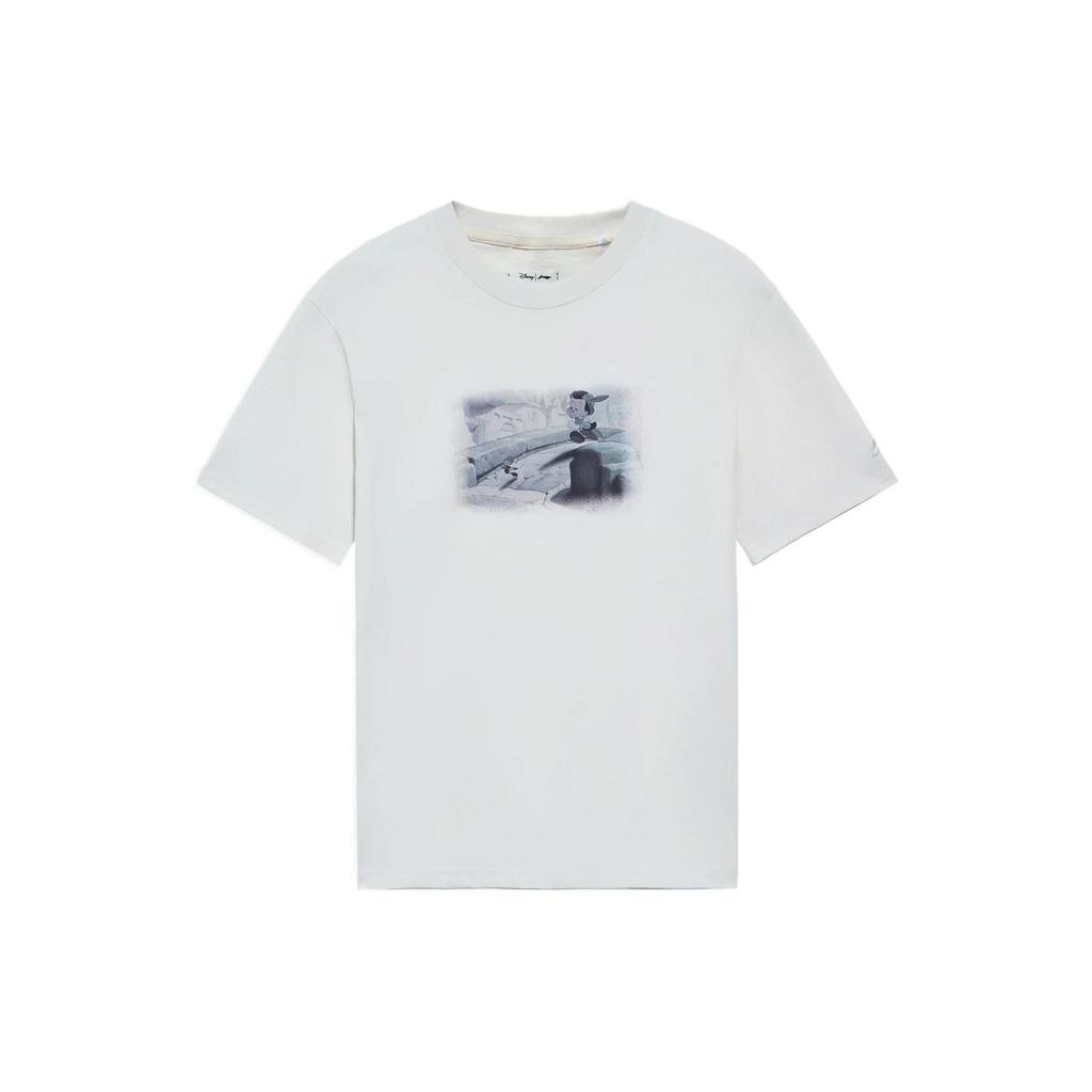 Li Ning X Disney Collaboration Pinocchio Series Cartoon Pattern Printed Round Neck Casual Short Sleeve T-Shirt Men T-Shirt White Sand Gray AHSS453-6