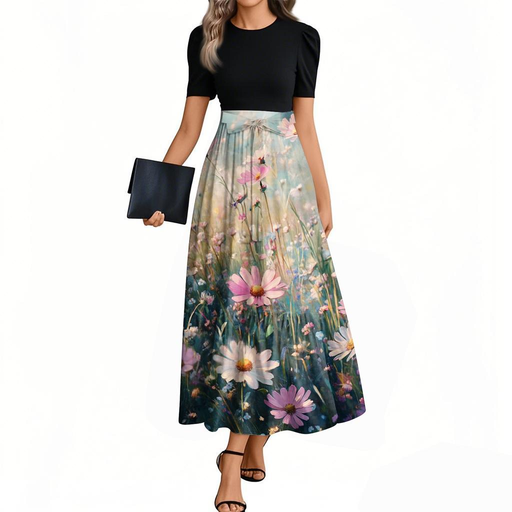 Damenmode Casual Gürtel Kurzarm Rundhals Blumennähte Elegantes Temperamentkleid
