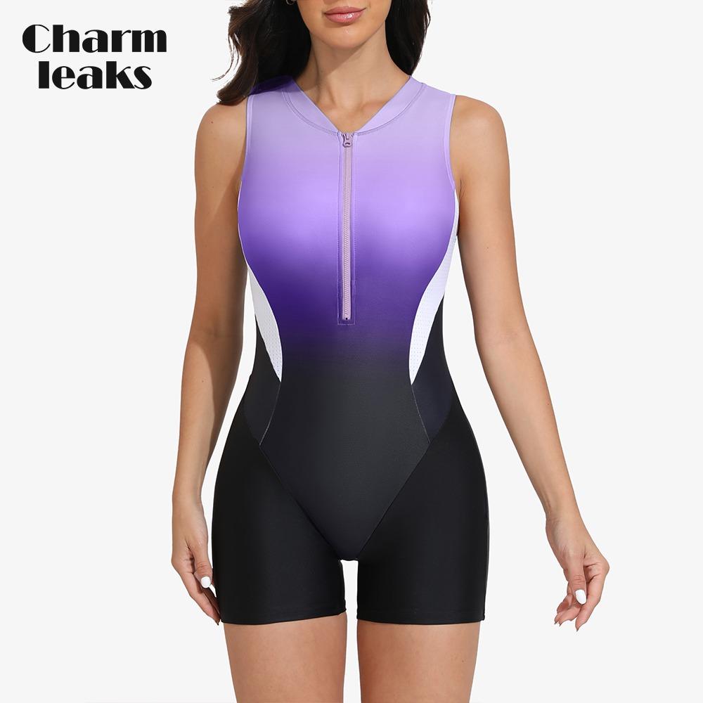CHARMLEAKS Athletic One Piece Swimsuits for Women Zipper Up Bathing Suits Modest Boyleg Swimwear