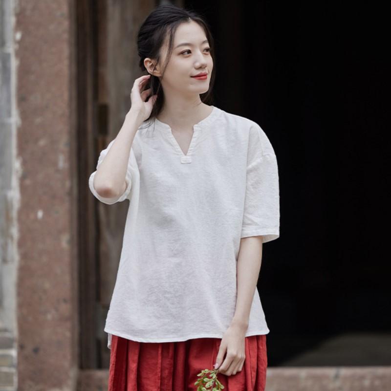 

Johnature женские винтажные хлопковые льняные футболки однотонные летние футболки с v-образным вырезом и короткими рукавами женские футболки One Size белый