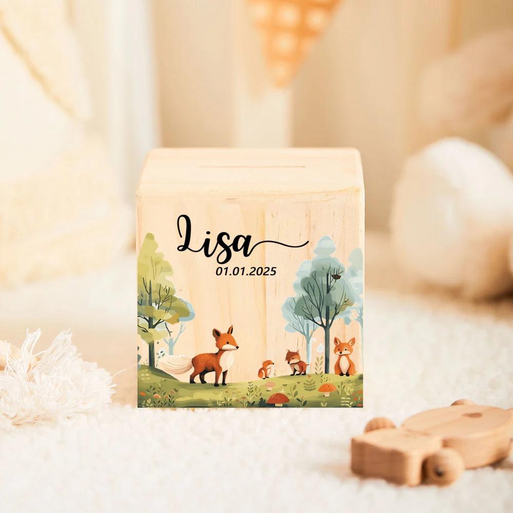 Children's Piggy Bank with Name Personalized Money Wooden Box Cute Animal Pattern Collection Box New Baby Gifts
