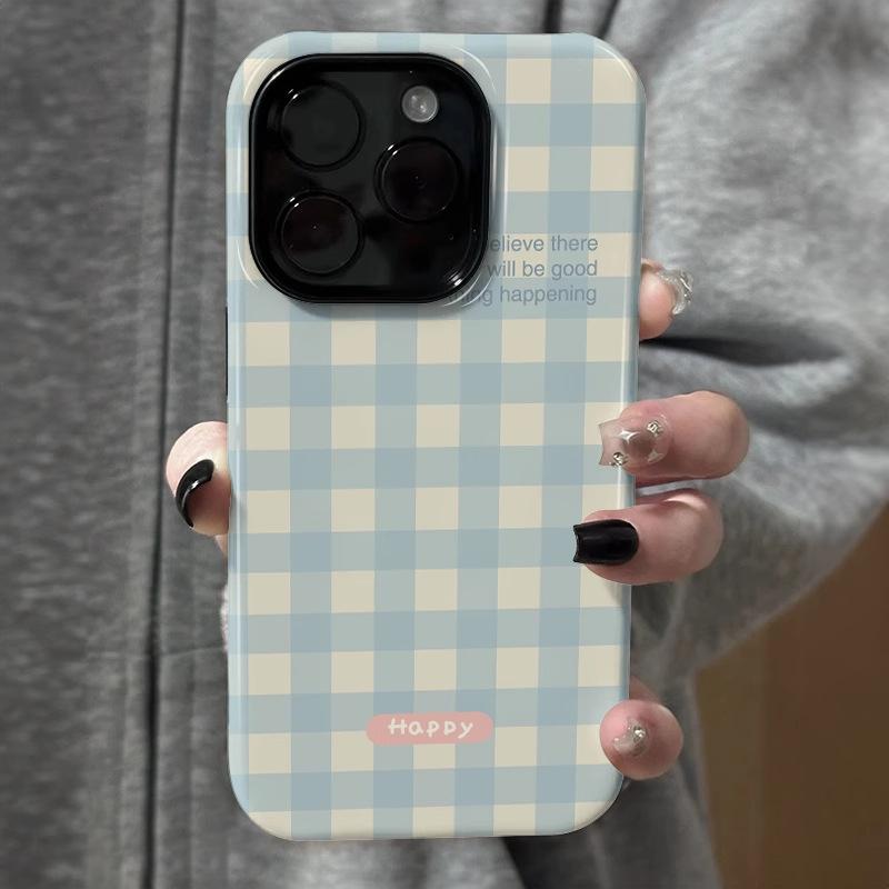 

Simple Blue and White Grid for Apple 17promax Cartoon Cute for IPhone16pro Lens All-inclusive 15 New Models (as the picture-43554-)-For Apple 7