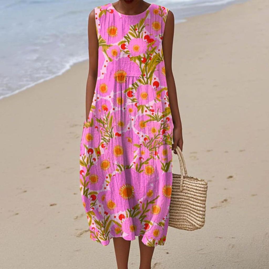 Summer European and American women's new sleeveless seaside vacation D printing dress