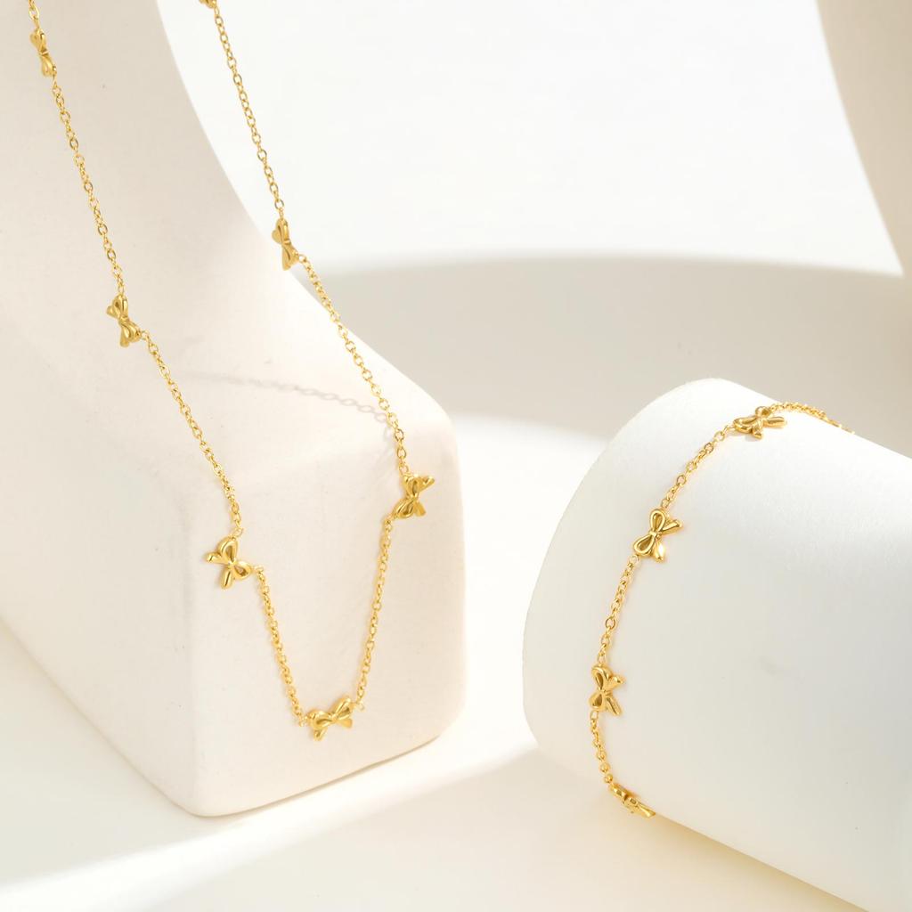 Women's Stainless Steel Bowknot Necklace 18K Gold Plated Luxury Charm Bracelet Trendy Bohemia Jewelry Set Party Birthday Gift