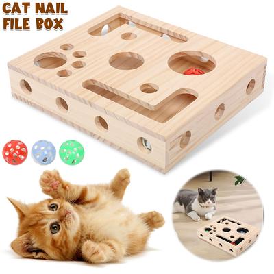Interaktives Katzenspielzeug Holz Kratzbaum Puzzle Anreicherungskiste mit Glockenball Schleifpapier Innen Geschenk Katzenkralle Pflege Puzzlebox
