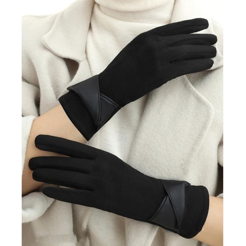 Women's Sueded Gloves with Fleece Lining for Warmth and Stylish Fashionable Bowknot Cuffs Hand Gloves for Daily Use