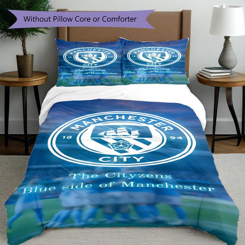 3pcs Duvet Cover Set (1*Duvet Cover + 2*Pillowcase, Without Core),Manchester City FC Print Bedding Set, Bedroom Decor, All‑Season, Birthday Gift