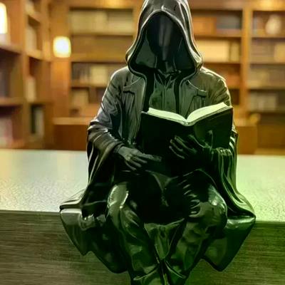 Doodsman Lezend Beeldje Hars Zwarte Kap met Schedel Miniatuur Halloween Bureau Gotische Decoratie