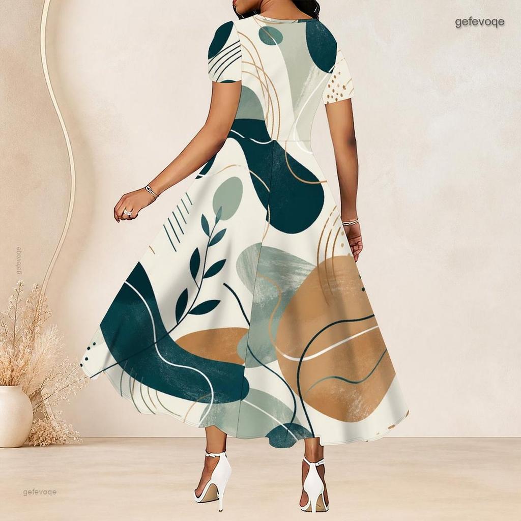 Women Plus Size Round Neck Short Sleeve Colorful Printed A Line Long Dress