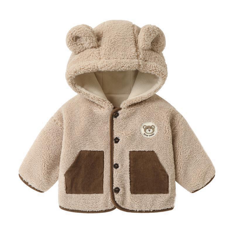 

Детское пальто с капюшоном для детей 1-5 лет, теплая плюшевая верхняя одежда, застежка на пуговицы 90