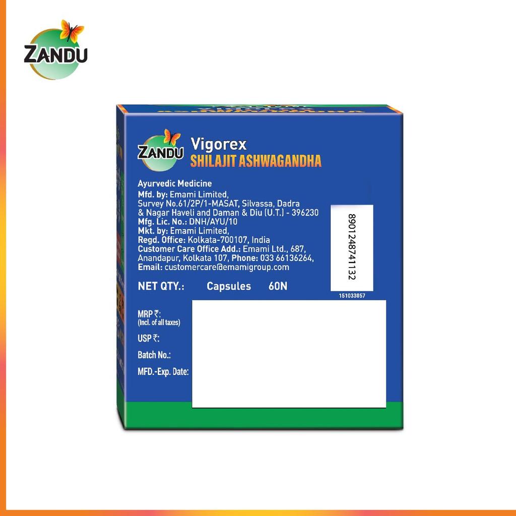 Zandu Vigorex Shilajit Ashwagandha Capsules For Men Vitality Energy Support Daily Wellness Supplement Pack Of 1 60 Capsules