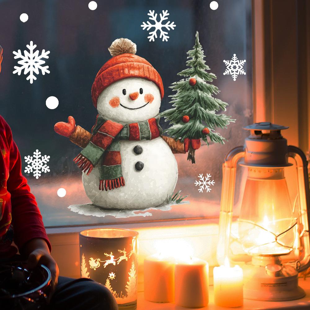 Cartoon Snowman and Christmas Tree Home Glass Window Beautification Stickers