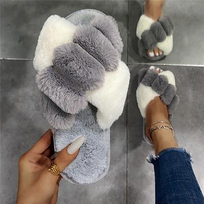 Winter Damen Pelzige Hausschuhe Weiche Plüsch Kreuz Kunstpelz Schuhe Indoor Damen Plateau Sandalias Offene Spitze Flauschige Haus Slides