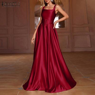 Women Vintage Square Neck Sleeveless Belt Dresses