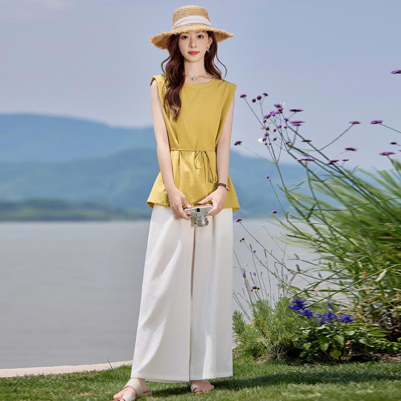 Summer Casual Fashion Suit Women's Design Sleeveless Shirt Elastic Waist Straight Wide-leg Pants Two-piece Set Tide