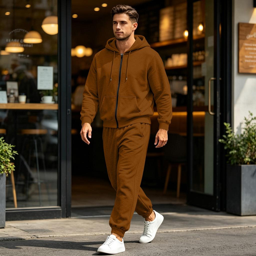 Men's Multi-Pocket Zip-Up Hooded Sweatshirt and Pants Set Athletic Tracksuit