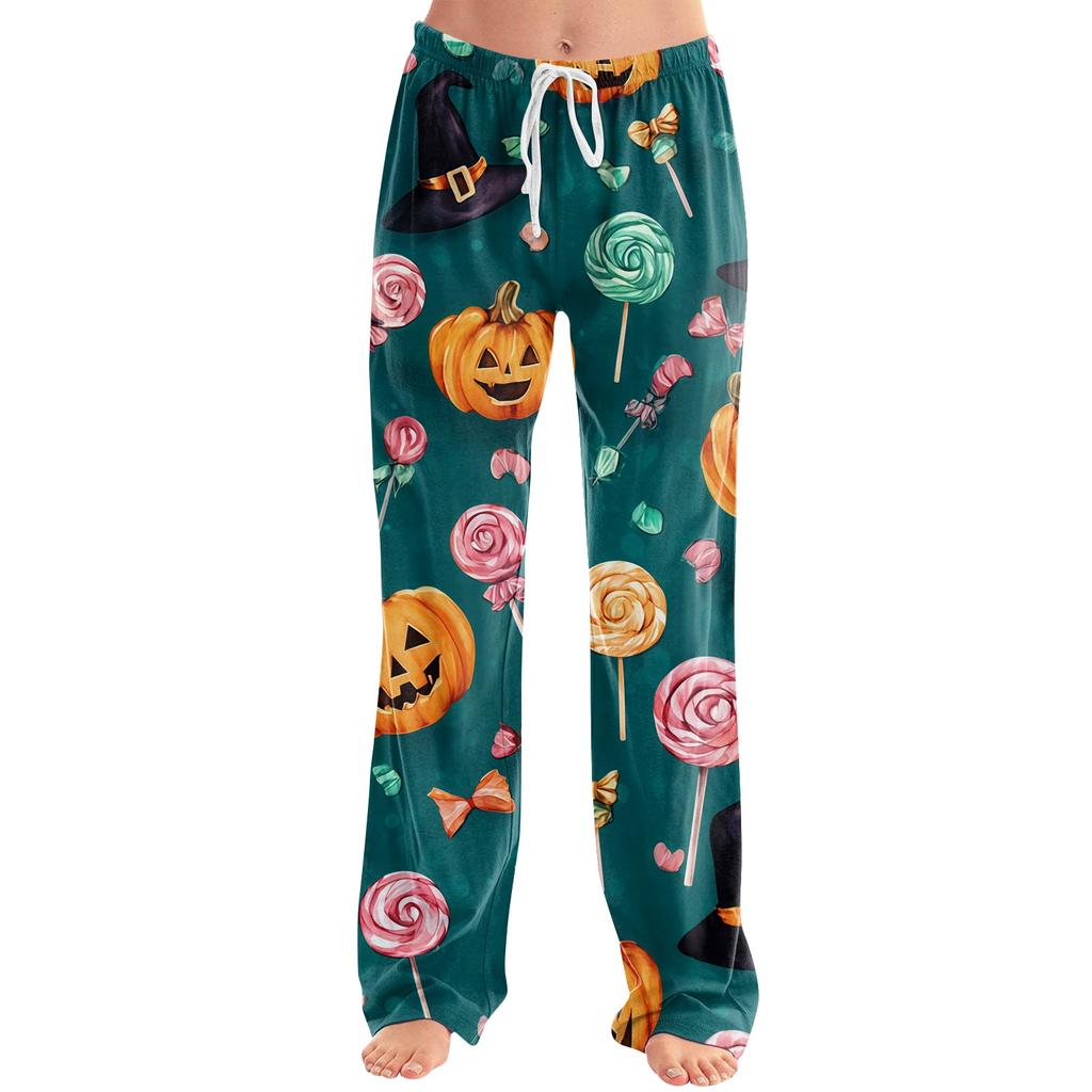 Women Drawstring Lounge Pants Halloween Print Casual Loose Fit Full Length Pajama Bottoms with Elastic Waistband and Relaxed Style
