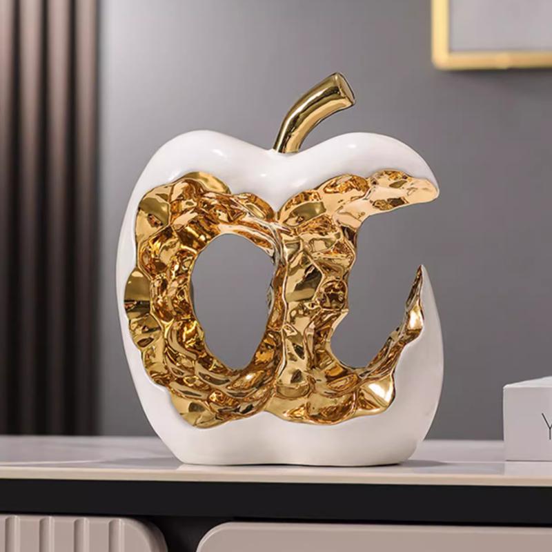Gold Plated Hollow Apple Sculpture, Ceramic Crafts, Office Desktop Ornaments, Apple Model Sculptures, Living Room Decorations