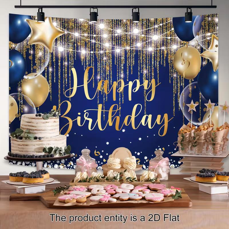 2D Printing Luxury Navy Blue Birthday Tapestry, Gold Glitter Party Wall Decor