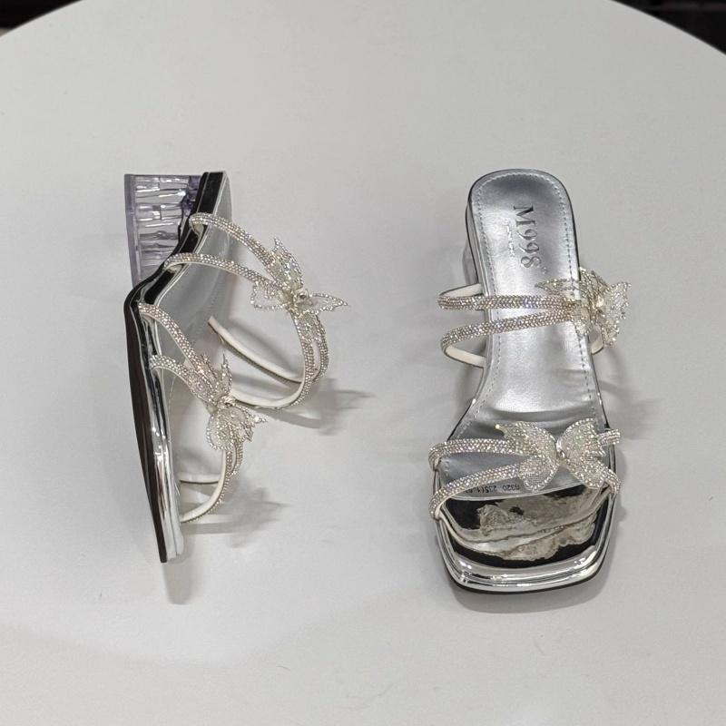 Fashion Shoes Women Slippers Heels Square Toe Pantofle Butterfly-Knot Glitter Slides Fashion Soft High 2025 Block Jelly Luxury Crystal