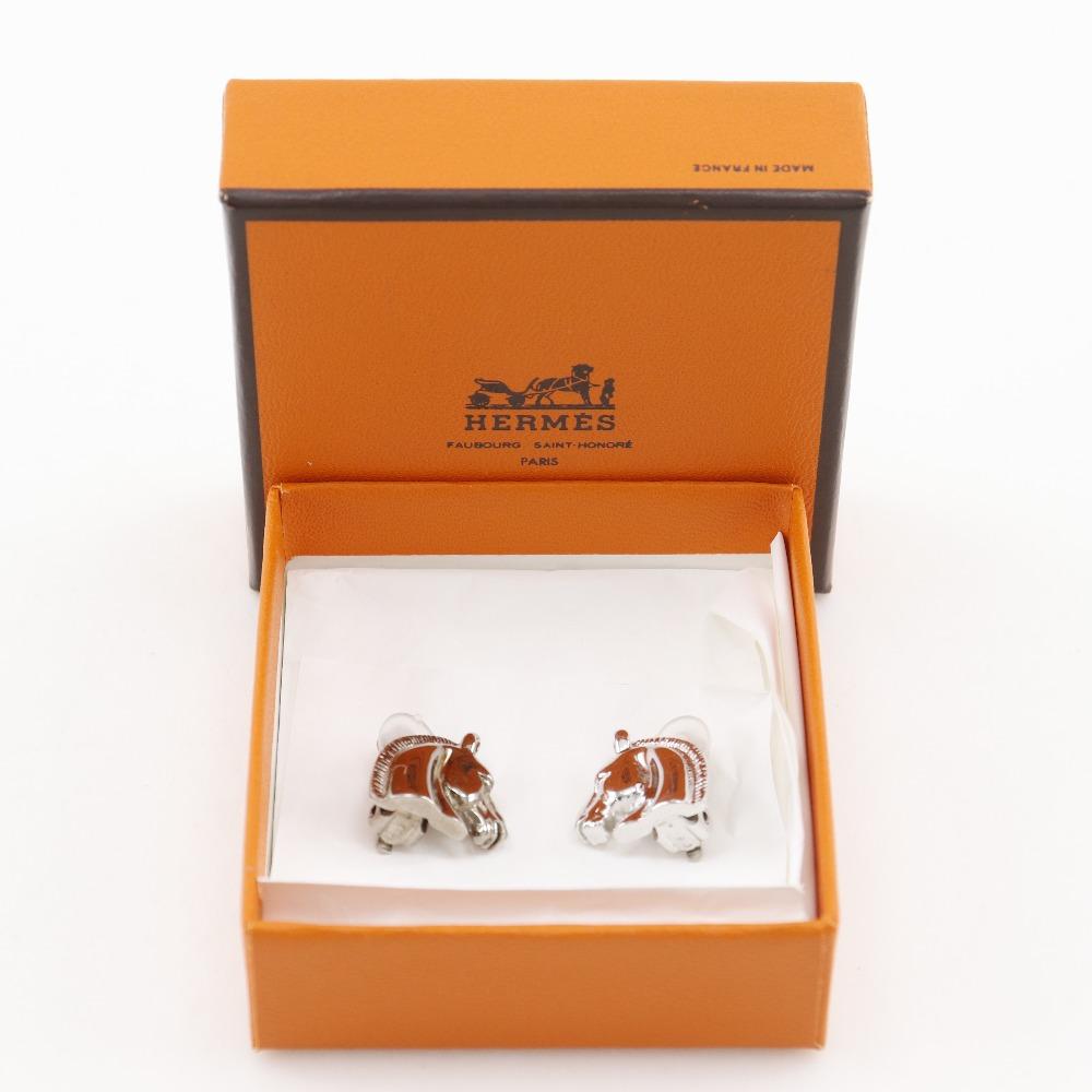 Hermes Shuval Earring Hose Motif Silver Metallic 10.5g Women Used