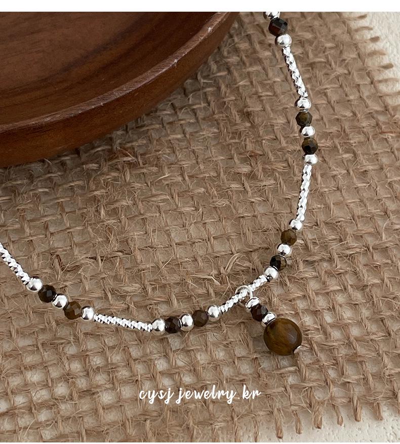 Cui Yan S925 Sterling Silver Korean Tiger's Eye Bead Necklace - Women's Fashionable Autumn/Winter Clavicle Chain