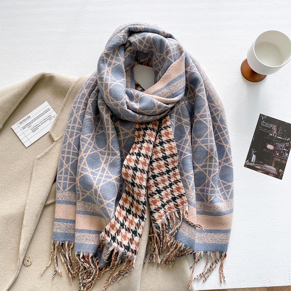 Autumn and winter new geometric thousand bird grid double-sided imitation cashmere scarf women's thickened warm shawl travel photo scarf