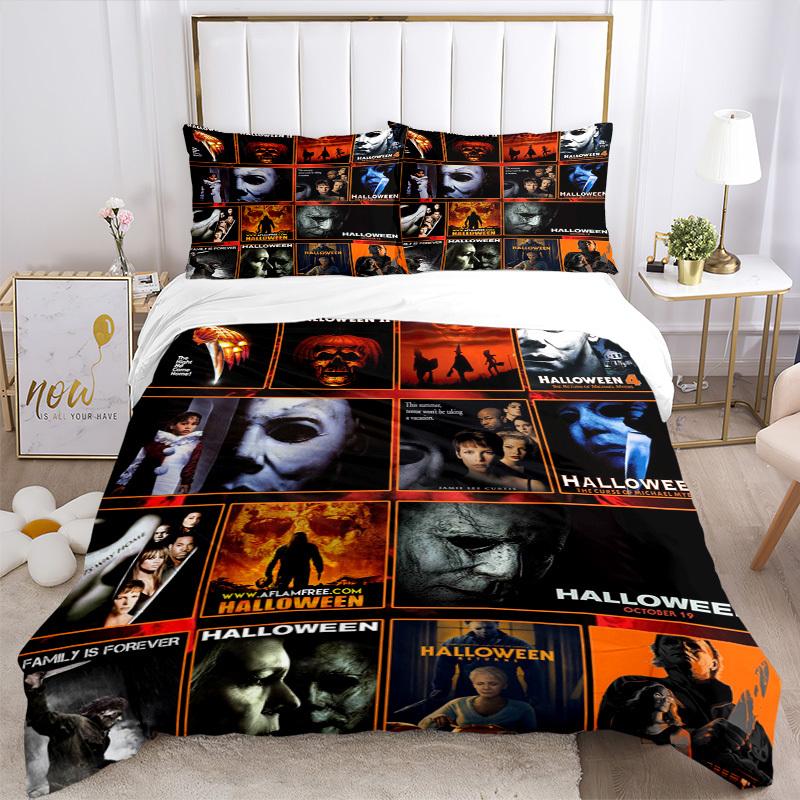 Set Biancheria da Letto con Poster di Film Horror di Halloween Copripiumino Regalo per Camera da Letto, Include 1 Copripiumino e 2 Federe, Senza ImbottituraB563