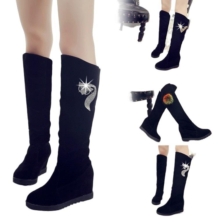 Autumn and Winter Velvet Medium and Long Boots High Heel Women's Suede Medium Boots Rhinestone Slope Heel Long Inner Height Increasing Women's Knig