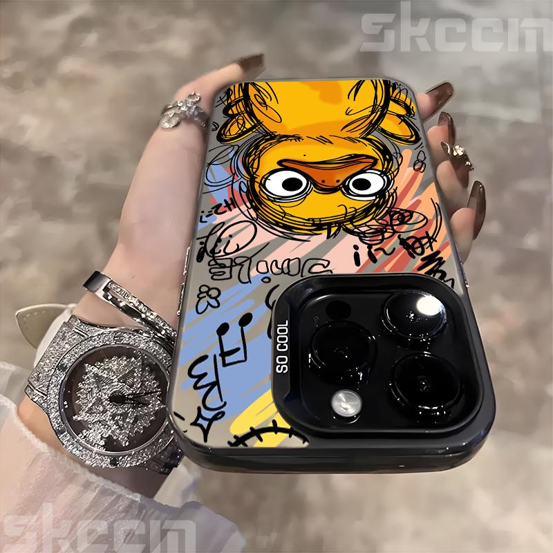 Graffiti Small Yellow Duck Electroplate Silver IMD Phone Case For iPhone 16 15 Pro Max 14 13 12 11 16E 7 8 Plus X XS XR Cover